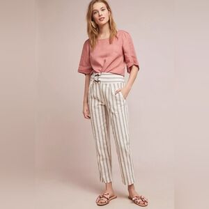 Anthropologie Women's Linen Blend Belted Oasis Striped Pants Lightweight Sz 0P